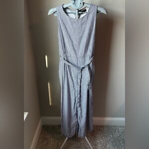 Tahari Blue White Pinstripe Linen Blend Jumpsuit 4 | Wide Leg Belted Pockets